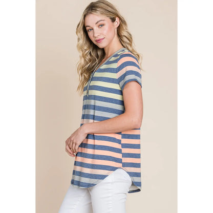 Women's Tshirt Button V-Neck Stripe Top
