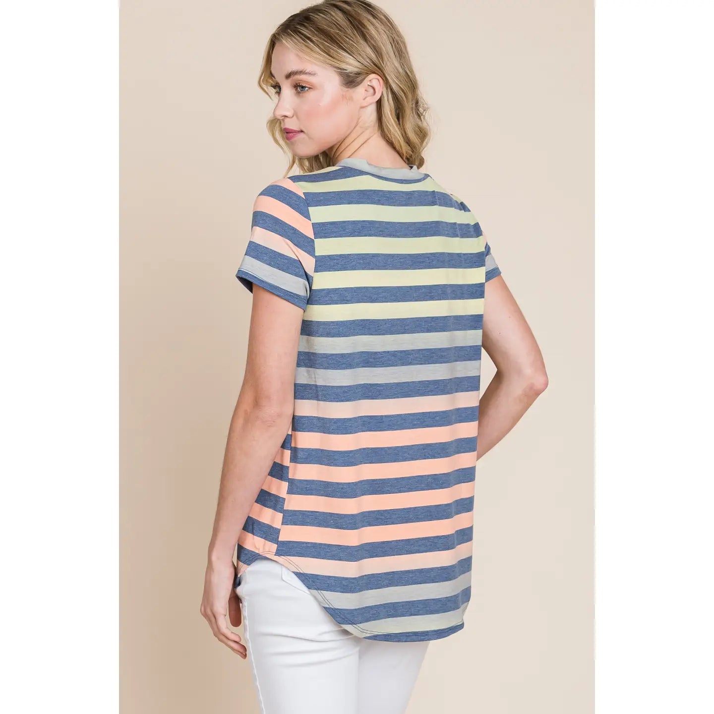 Women's Tshirt Button V-Neck Stripe Top