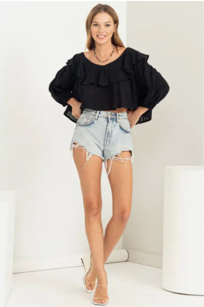 Sweetie Ruffled Three Quarter Sleeve Crop Top