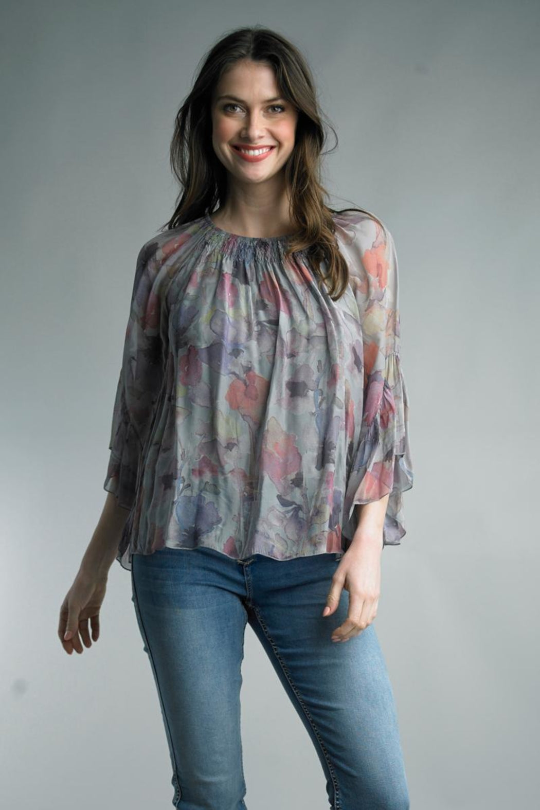 Grey Silk Floral Blouse