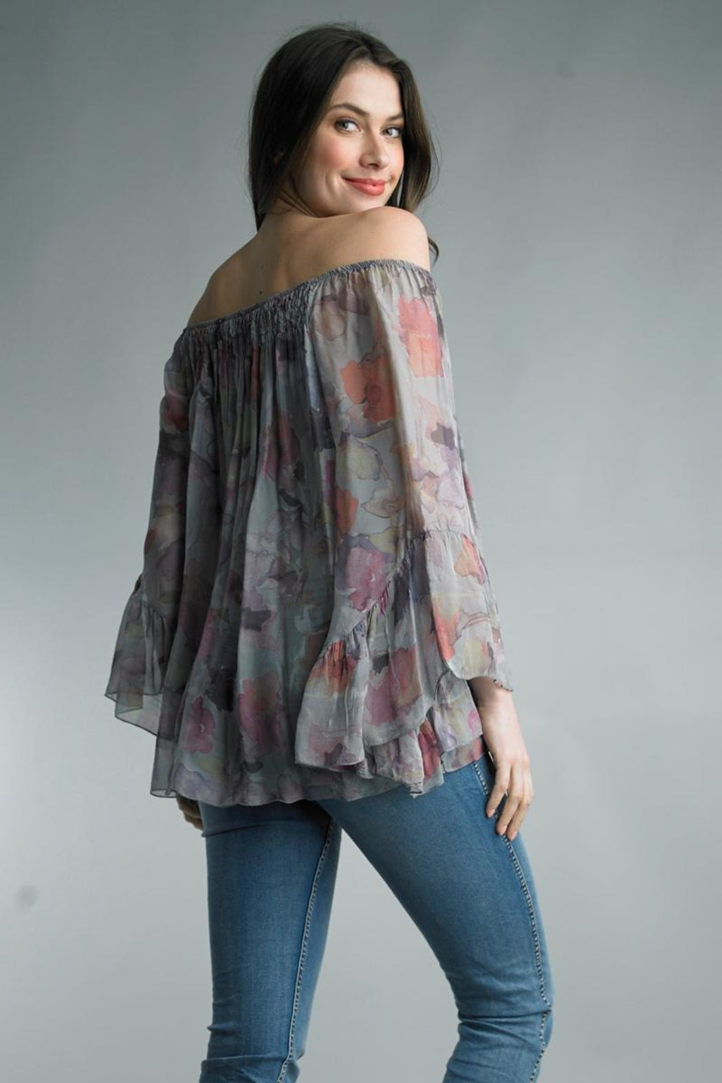 Grey Silk Floral Blouse