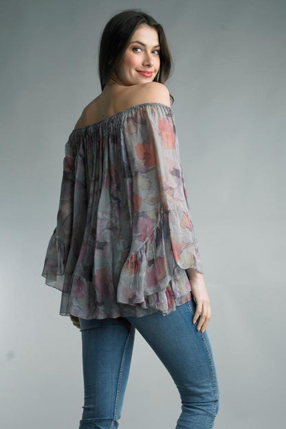 Grey Silk Floral Blouse