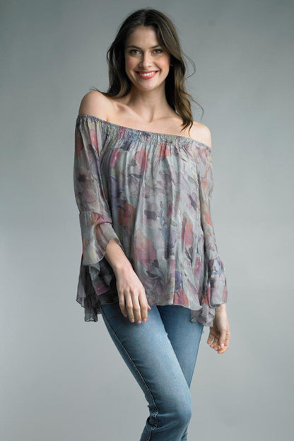 Grey Silk Floral Blouse