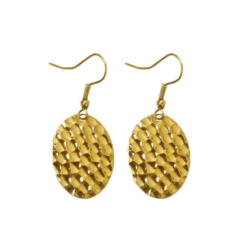 Hammered Small Flat Oval Dangle Earrings