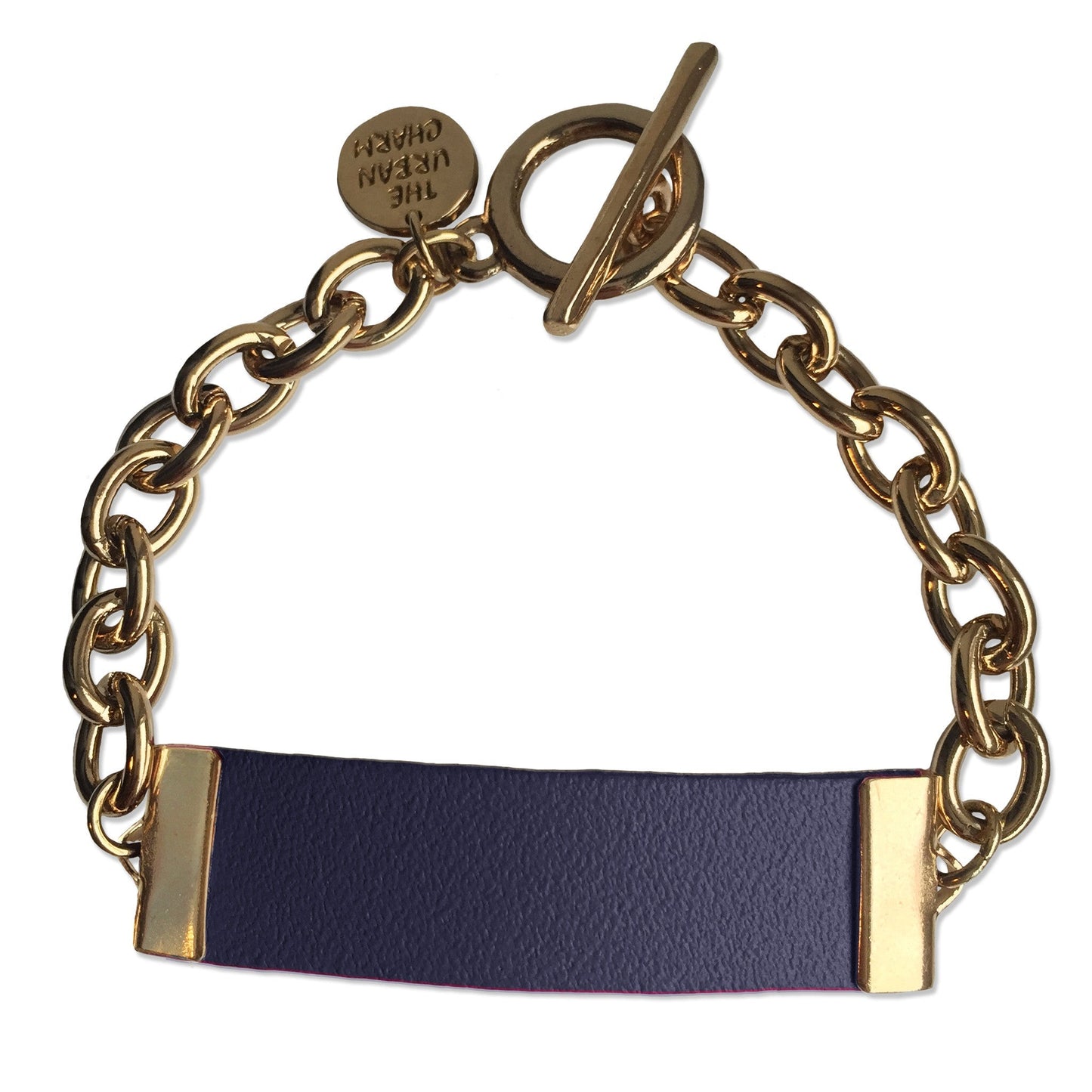 Navy Leather and Chain ID Toggle Bracelet
