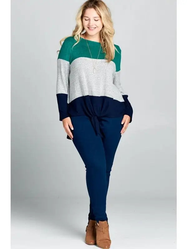 Emerald Gray and Navy Plus Size Hacci Brush Colorblock Front Knot Top