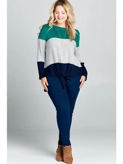 Emerald Gray and Navy Plus Size Hacci Brush Colorblock Front Knot Top