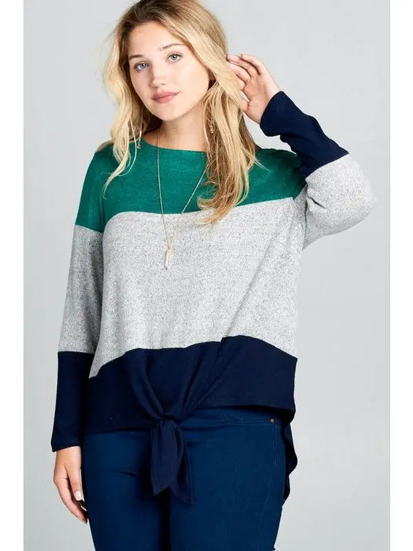 Emerald Gray and Navy Plus Size Hacci Brush Colorblock Front Knot Top