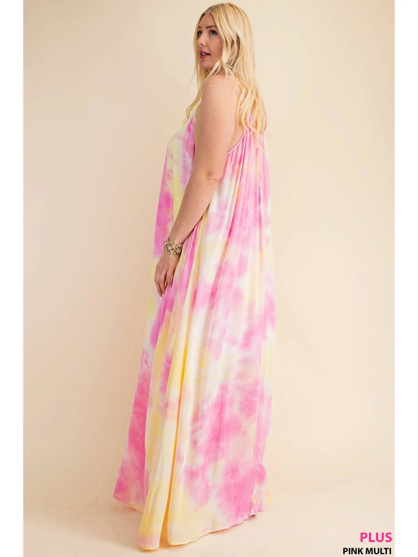 Pink and Yellow Soft Tie-Dye Fabrication Strappy Maxi Dress