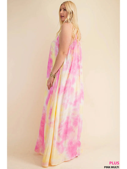 Pink and Yellow Soft Tie-Dye Fabrication Strappy Maxi Dress