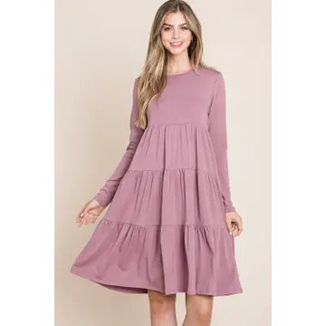 Dusty Rose Long Sleeve Tiered Dress