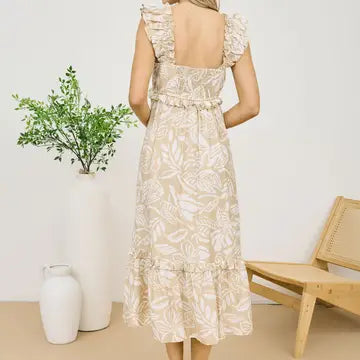 Taupe Tropical Print Ruffle Detail Midi Dress