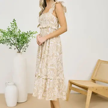 Taupe Tropical Print Ruffle Detail Midi Dress
