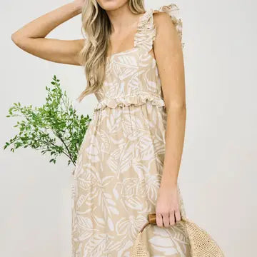 Taupe Tropical Print Ruffle Detail Midi Dress