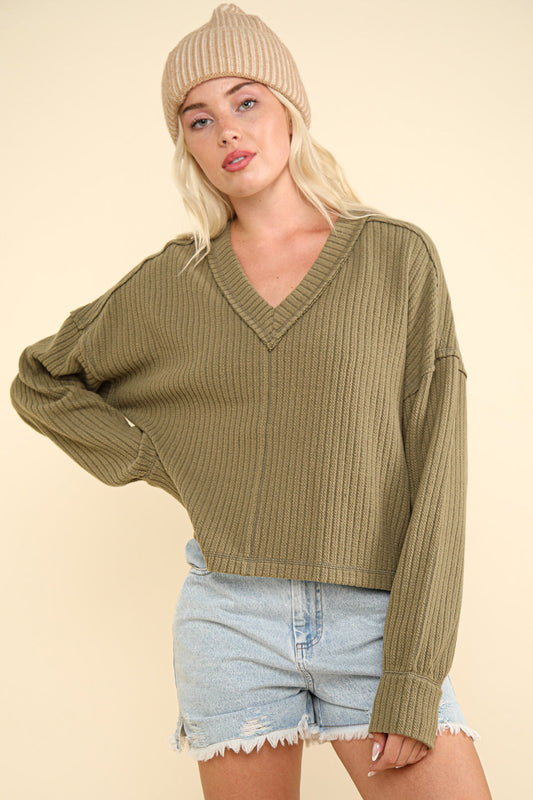 Moss Ribbed V-Neck