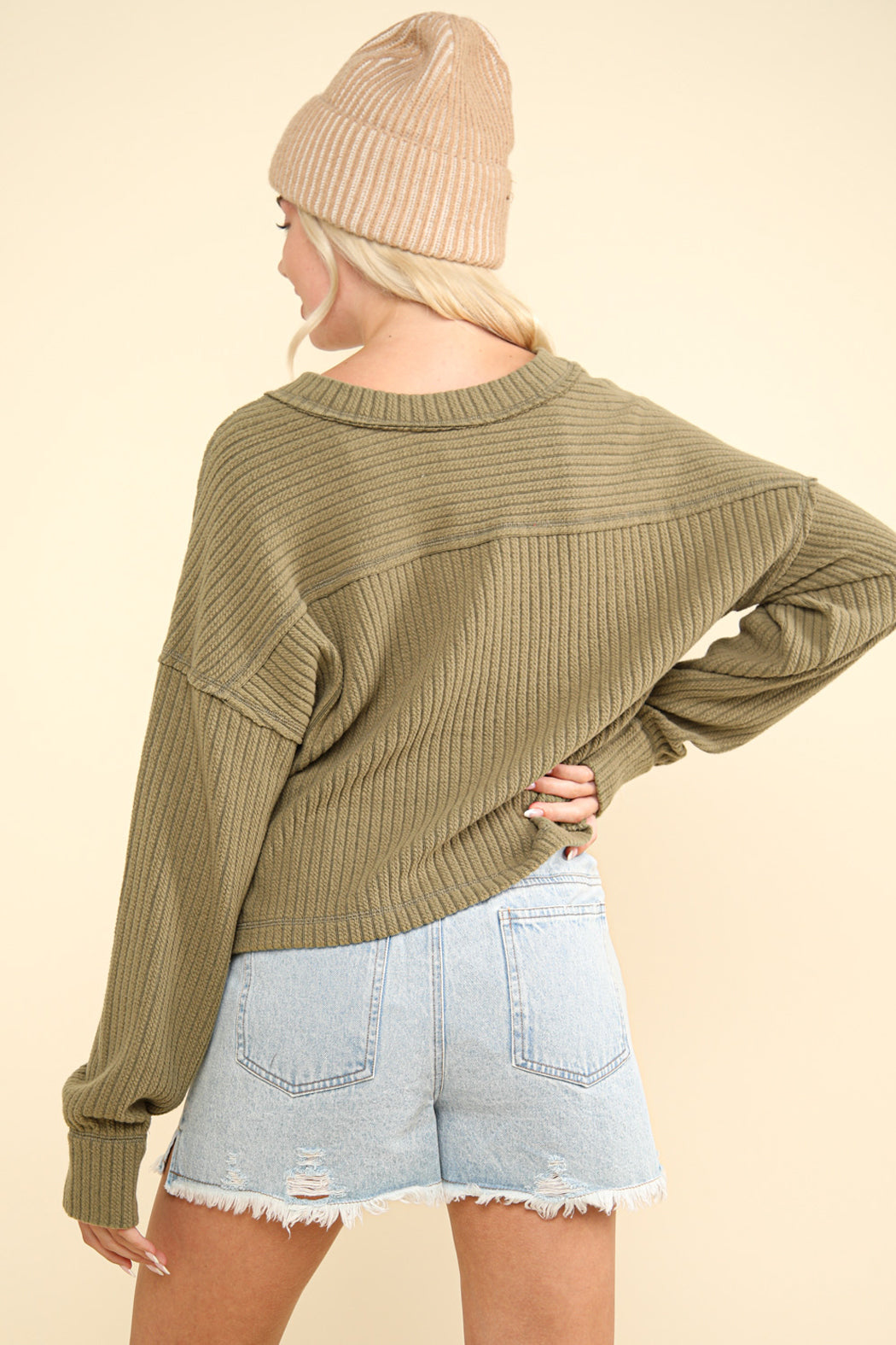 Moss Ribbed V-Neck