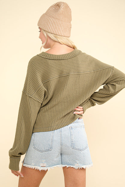 Moss Ribbed V-Neck